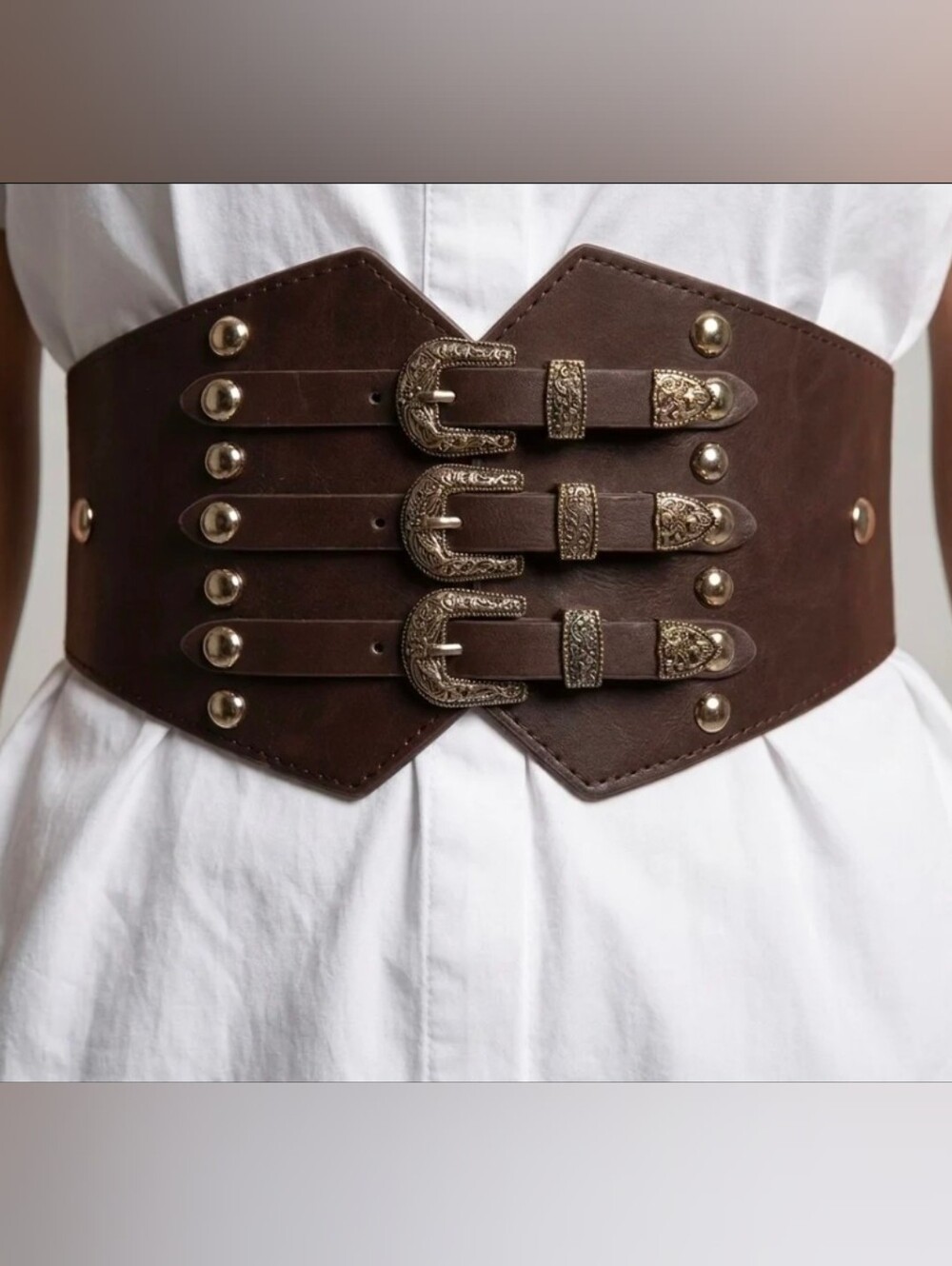 Brown 3 Buckle Wide Corset Waist Faux Leather Belt